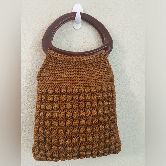 Vintage Crochet Rust Brown with Knots & Oval Lucite Handles Boho Handbag Purse - Picture 1 of 12